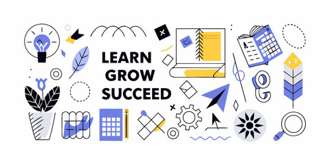 Learn grow succeed text with icons representing education business and personal development concepts