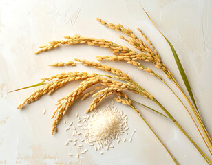 Golden rice stalks with white rice grains on textured white surface, natural agricultural harvest concept with warm light