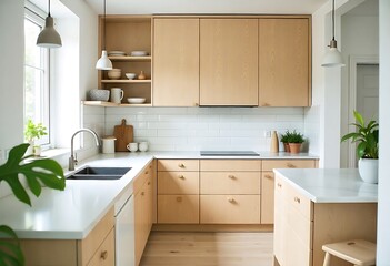 Fototapeta premium A modern kitchen in a Scandinavian-style home during spring, with light wood cabinets, a white subway tile backsplash, and a minimalist design. Natural light floods the room, creating a clean and airy