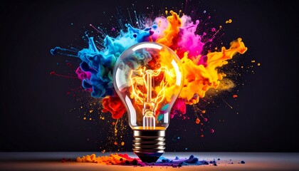 Creative light bulb explodes with colorful paint and colors. New idea, brainstorming concept. Banner