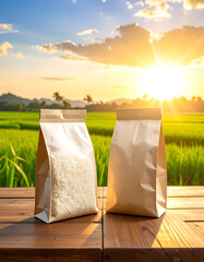 Two packages of white rice on wooden table with green field and bright sunset in background creating warm atmosphere