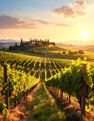 Vineyard landscape with rows of grapevines under golden sunset light in countryside hills