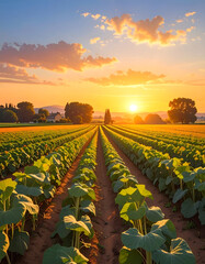 Sunset over lush green field with rows of plants and distant trees creating peaceful rural landscape glow