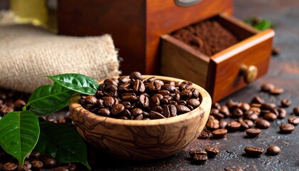 Roasted coffee beans in a wooden bowl