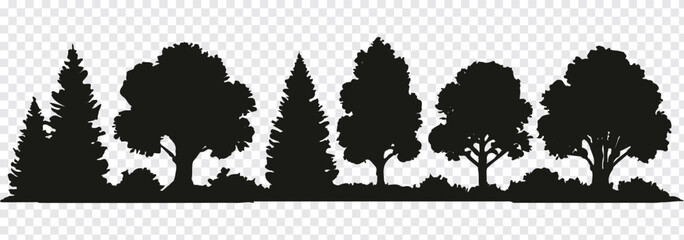 Naklejka premium Forest, park, alley. Landscape of isolated trees. Silhouette vector. Tree icon set. Perfect for nature, environment, outdoor landscape, eco design, conservation,and minimalist logo or symbol use.EPS10
