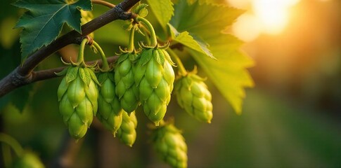 Golden hour sunlight bathes a bountiful harvest of ripe, plump ale hops hanging heavy on the bines Ready for picking and brewing A picturesque autumn scene , craft beer, field