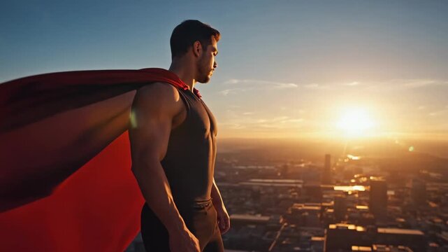 muscular man with red cloak posing like superhero on the building roof in big city on sunset. Powerful hero guy.