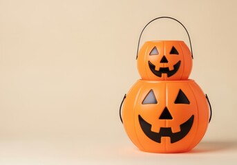 Stacked orange Halloween jack-o'-lantern candy buckets