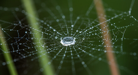 Naklejka premium Spiderweb with water droplets glistens, radiating from the center on a blurred green backdrop