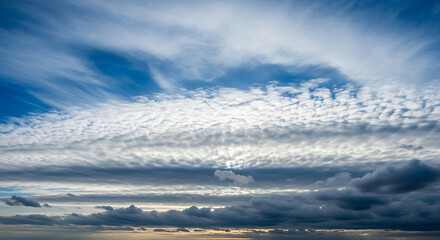 Dramatic cloudscape at sunset with layered clouds