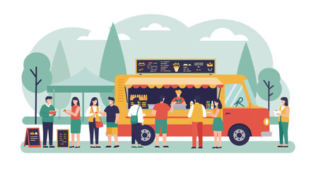 This minimalist flat design vector illustration shows a vibrant food truck serving delicious treats to happy festival-goers at an outdoor music event