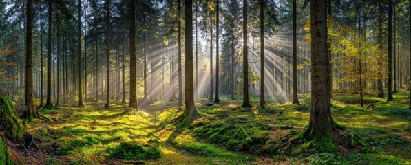 Fototapeta premium Sunlight streams through dense forest, illuminating mossy ground. Tall trees create a majestic scene, with rays shining through leaves