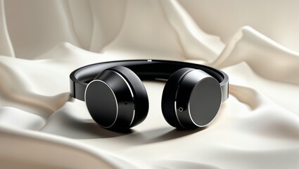Elegant Black Headphones on Cream Silk Fabric
