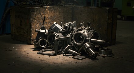 Industrial Metal Gear and Casing Parts Stacked in a Dimly Lit Workshop