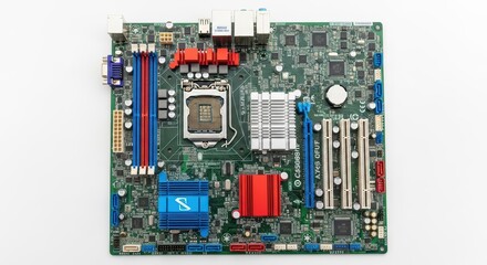 Detailed motherboard circuitry with chipsets and ports