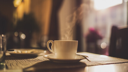 Steaming Hot Latte Coffee Cup on Elegant Cafe Table, Morning Breakfast Scene with Warm Coffee Tones and Soft Overhead Lighting