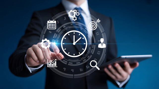 Man optimizing business strategy with digital clock and growth icons