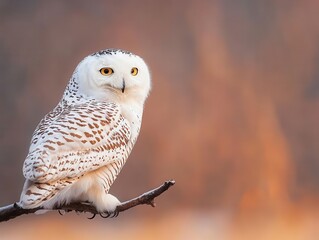 Fototapeta premium Close-up of a snowy owl perched on a branch with detailed feathers and a calm expression, against blurred warm-colored background in a natural outdoor setting