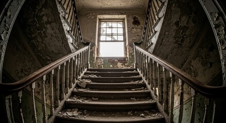 Ascend Decaying Stairs Toward a Bright, Broken Window Light