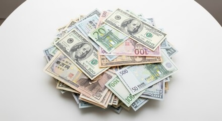 Diverse currency collection with us dollars, euros, yen, and more on white surface