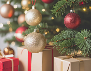 Beautiful Christmas tree with colorful ornaments and gift boxes underneath, cozy warm lights