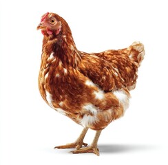 Fototapeta premium Brown hen with white spots standing on a white surface. Isolated and brightly lit with soft shadows