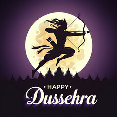 Happy Dussehra with silhouette of Rama shooting bow against moon hinduism