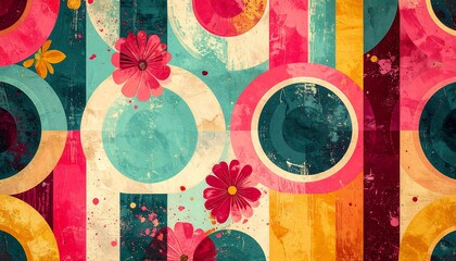 Vibrant abstract pattern with circles, flowers, and stripes