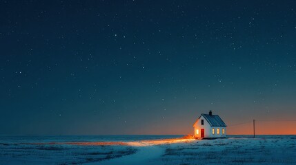 Minimalist Christmas night scene of a detached house with warmly lit windows, a deep blue background with delicate falling snow, and a long exposure starburst effect above the roof