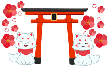 梅の花と白狐テンプレート