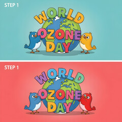 Naklejka premium Adorable birds celebrate World Ozone Day around a vibrant planet Earth illustration