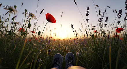 Poppy field at sunrise with shoes in foreground