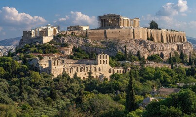 Ancient temple atop a rocky hill, blending with the landscape. Green trees fill foreground against cloudy sky, with sprawling city in background
