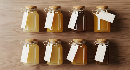 Fototapeta premium Blank-labeled kombucha bottles in homemade mockup, suitable for organic trends or design inspirations