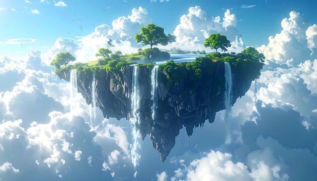 Floating island paradise in a cloudy sky