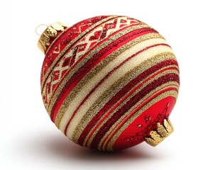 Red and gold Christmas ornament with striped and starburst-like patterns on a white background, casting a shadow