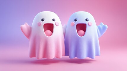Two playful cartoon ghosts in pastel pink and blue - Halloween, cute, festive, 3D render, holiday decoration