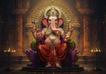 Fototapeta premium Colorful Lord Ganesha Statue Sitting in Ornate Temple with Traditional Decorations