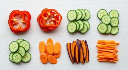 Assorted sliced vegetables: red peppers, cucumbers, carrots on wooden surface