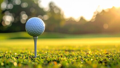a close-up photo of a golf ball on a tee, with the focus sharp on the ball and blurred background of a morning fairway