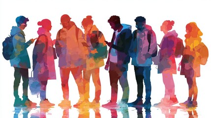 Diverse group of students using mobile devices, connecting and communicating in vibrant colors, perfect for modern education and youth culture visuals