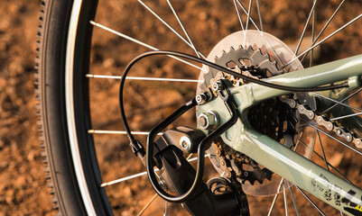 Fototapeta premium Close-up of Mountain Bike Rear Wheel and Disc Brake System on a Dirt Trail