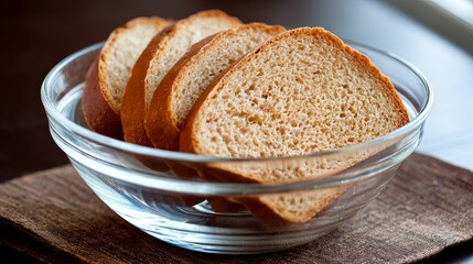 Naklejka premium Delicious sliced brown bread in a clear glass bowl ready for breakfast with a rustic, cozy feel perfect for healthy eating concepts