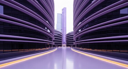 Modern Purple Cityscape with Sleek Architecture and Glowing Lights