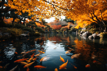Obraz premium Autumn serenity maple leaves dance on tranquil waters japan nature photography vibrant peaceful landscape