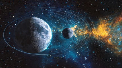 Obraz premium Surreal Artistic Illustration of Earth and Moon with Glowing Orbits and Vibrant Nebula Backdrop Featuring Crescent Phase