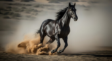 A majestic black horse galloping through a sandy landscape with a dramatic sky in the background