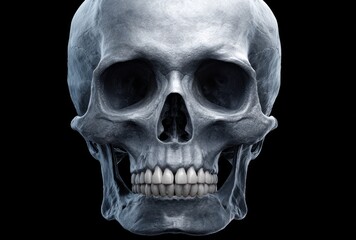 Fototapeta premium Realistic grey skull, starkly lit from above against black, frontal view, revealing teeth and eye sockets