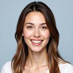 A beautiful headshot portrait of a young caucasian woman with long brown hair and a natural, attractive smile, looking happy and confident against a plain studio background