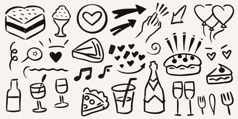 Hand drawn doodle elements of celebration food drinks and symbols for party design